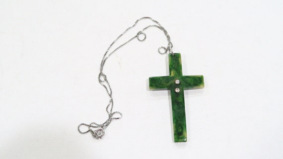 Unique green Bakelite/catalin cross sterling neck… - image 1