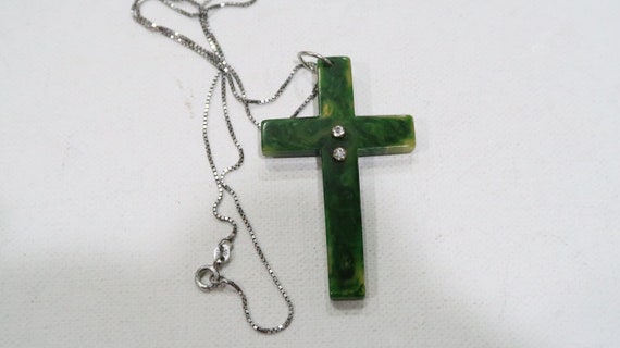 Unique green Bakelite/catalin cross sterling neck… - image 10