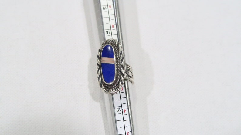 Navajo artist Aaron Toadlena lapis and peach moonstone inlay ring size 6.5-7