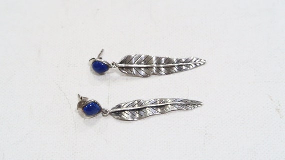 Sterling silver lapis leaf/feather dangle earrings - image 2