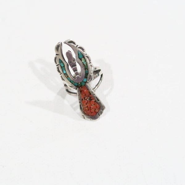 Juan T Singer Navajo Peyote bird ring in coral and turquoise inlay