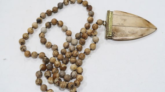 Knotted brown agate bead necklace with bone penda… - image 9