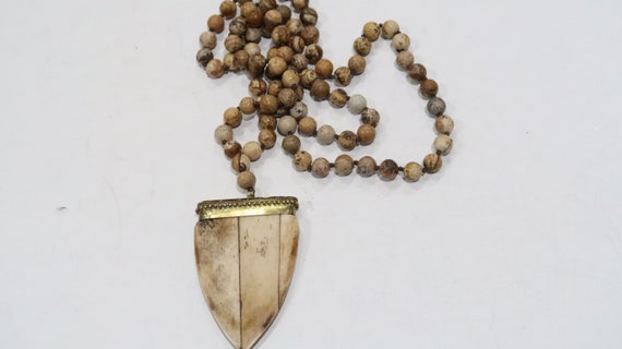 Knotted brown agate bead necklace with bone penda… - image 10