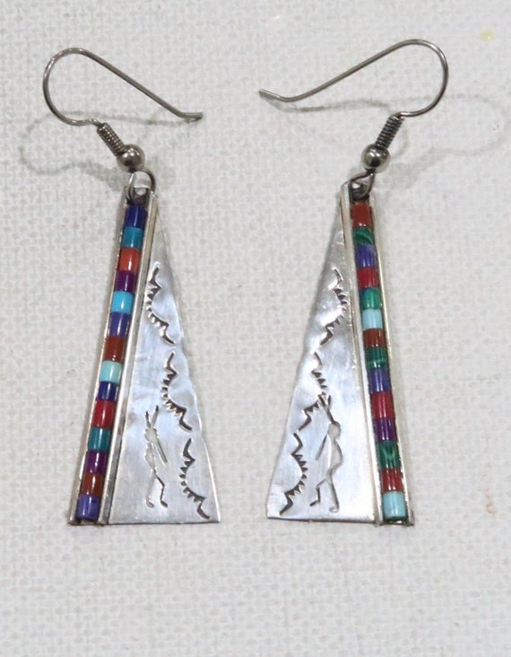 Native triangular earrings with multi stones bead… - image 1