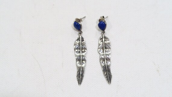 Sterling silver lapis leaf/feather dangle earrings - image 3