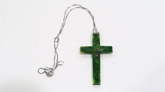 Unique green Bakelite/catalin cross sterling neck… - image 3