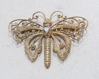 Miriam Haskell Signed Gold Tone Butterfly Hat Pin with Floral Accent Vtg 30s-70s Vintage Miriam Haskell Butterfly Gold Tone Stick Pin Signed  main image 4