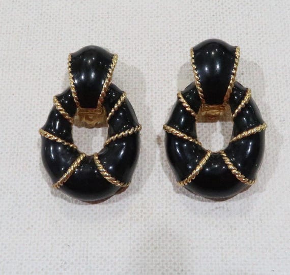 Boucles D'oreilles Vintage Noir Et Doré, Clips Métal émaillé - Très Bon état, Style Rétro