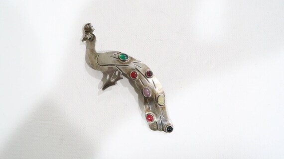 Big taxco sterling peacock brooch with gemstones - image 2