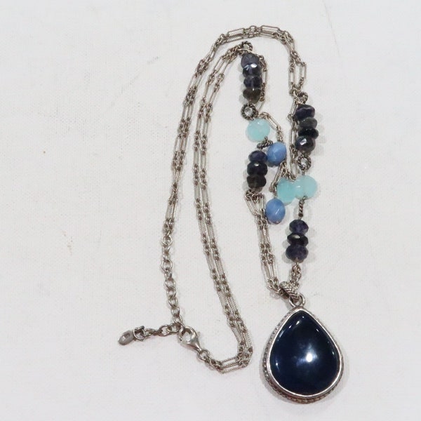 Barse Thai Blue agate, blue sapphire, chalcedony multilayer sterling necklace