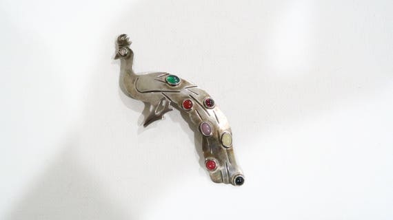 Big taxco sterling peacock brooch with gemstones - image 1