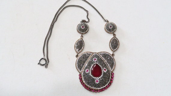 Large sterling Turkish ruby, marcasite/crystals, … - image 1