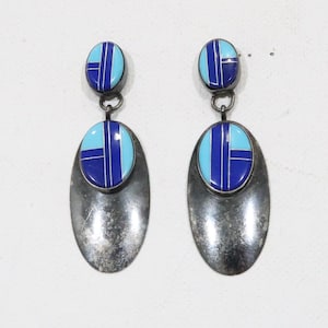 Pendientes vintage navajo con incrustaciones grandes de turquesa y lapislázuli