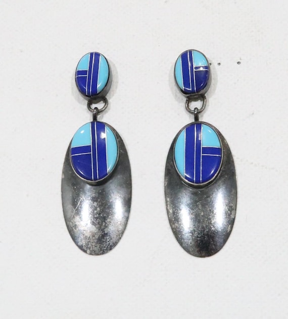 Vintage Navajo Turquoise and Lapis Large Inlay Earrings - Etsy display picture 1