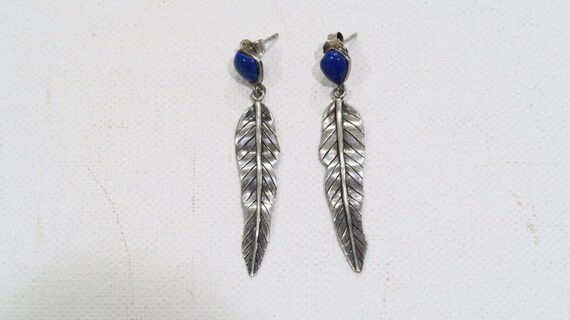Sterling silver lapis leaf/feather dangle earrings - image 4