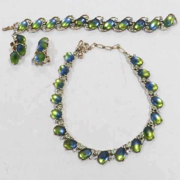 Vintage Kramer blue green saphiret glass parure necklace bracelet earrings rare