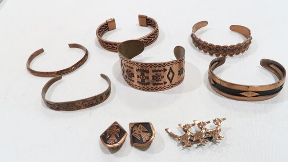 Copper Native American cuff lot wth earrings,broo… - image 7