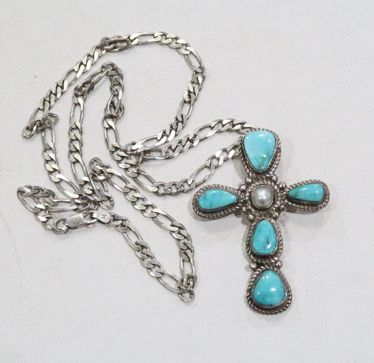 Navajo Artist James Francisco Sterling Large Turquoise and Pearl