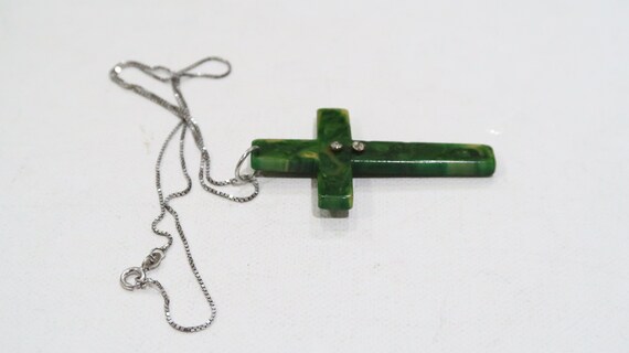 Unique green Bakelite/catalin cross sterling neck… - image 9