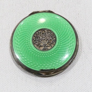 Stunning sterling silver green guilloche enamel Made in Austria compact with a tree of life