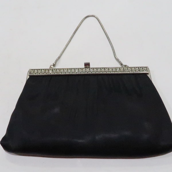 Vintage black satin clutch bag with crystals