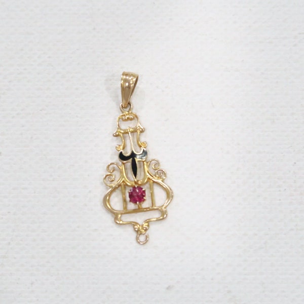 Ostby & Barton Jewelry Co 10K gold ruby and black enamel pendant