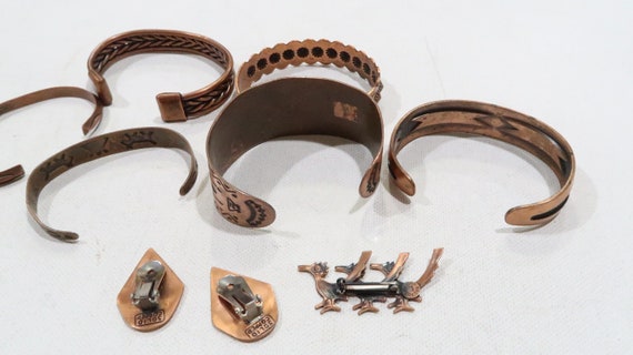 Copper Native American cuff lot wth earrings,broo… - image 9