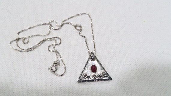 Unique sterling ruby triangle pendant with flower… - image 1