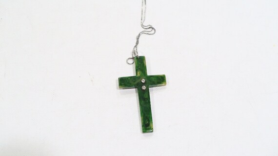 Unique green Bakelite/catalin cross sterling neck… - image 2