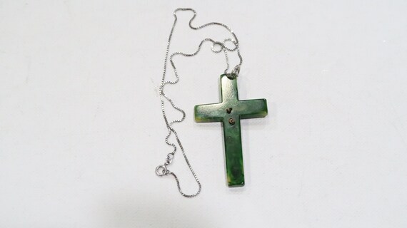 Unique green Bakelite/catalin cross sterling neck… - image 8