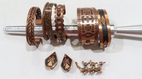 Copper Native American cuff lot wth earrings,broo… - image 8