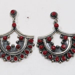 Stunning Vintage Mexico sterling large dark red coral petit point style dangle earrings