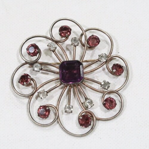 Enzell sterling huge brooch with purple, pink and clear glass cabochons shops and rhinestones