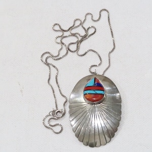 Big sterling Zuni inlaid colorful conch pattern pendant necklace