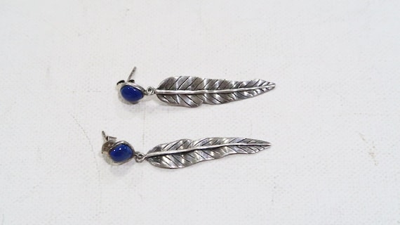Sterling silver lapis leaf/feather dangle earrings - image 1