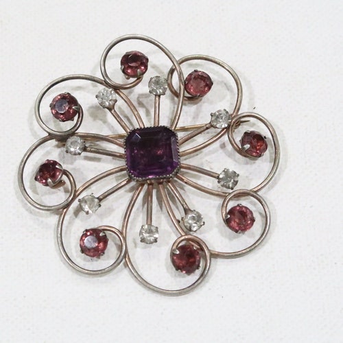 Enzell sterling huge brooch with purple, pink and clear glass cabochons shops and rhinestones
