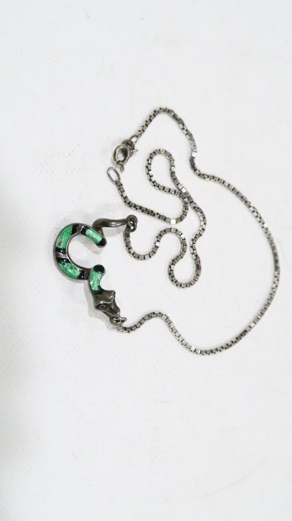 Vintage sterling silver green enamel snake necklac