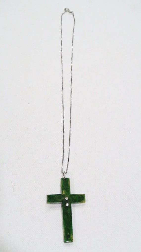 Unique green Bakelite/catalin cross sterling neck… - image 4