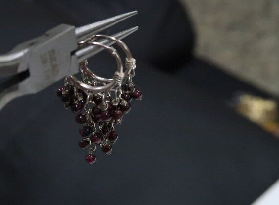 Sterling rhodolite garnet grape cluster hoop earr… - image 4