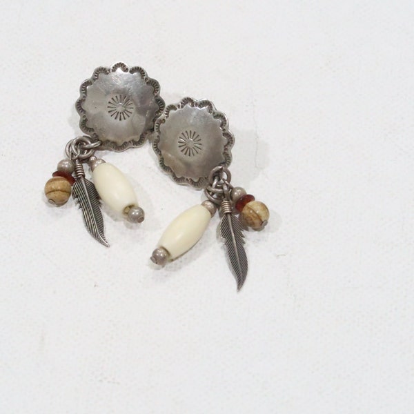 Carolyn Pollack sterling conch earrings with bone, wooden beads and leaf dangles