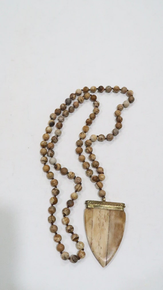 Knotted brown agate bead necklace with bone penda… - image 3
