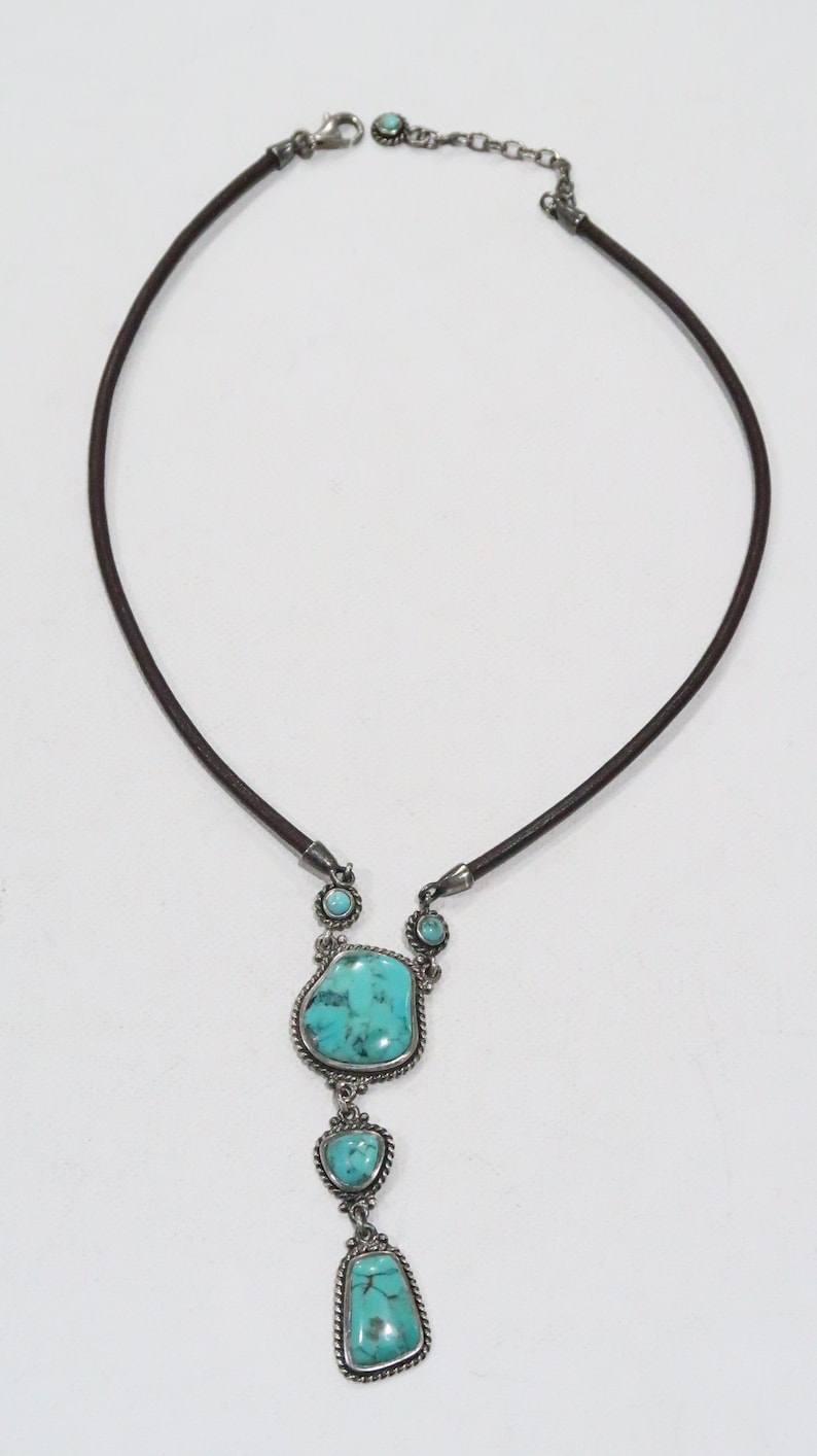 Sterling silver Barse turquoise drop necklace on a brown leather cord