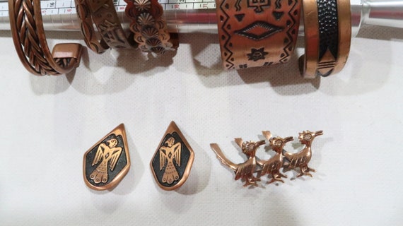 Copper Native American cuff lot wth earrings,broo… - image 6
