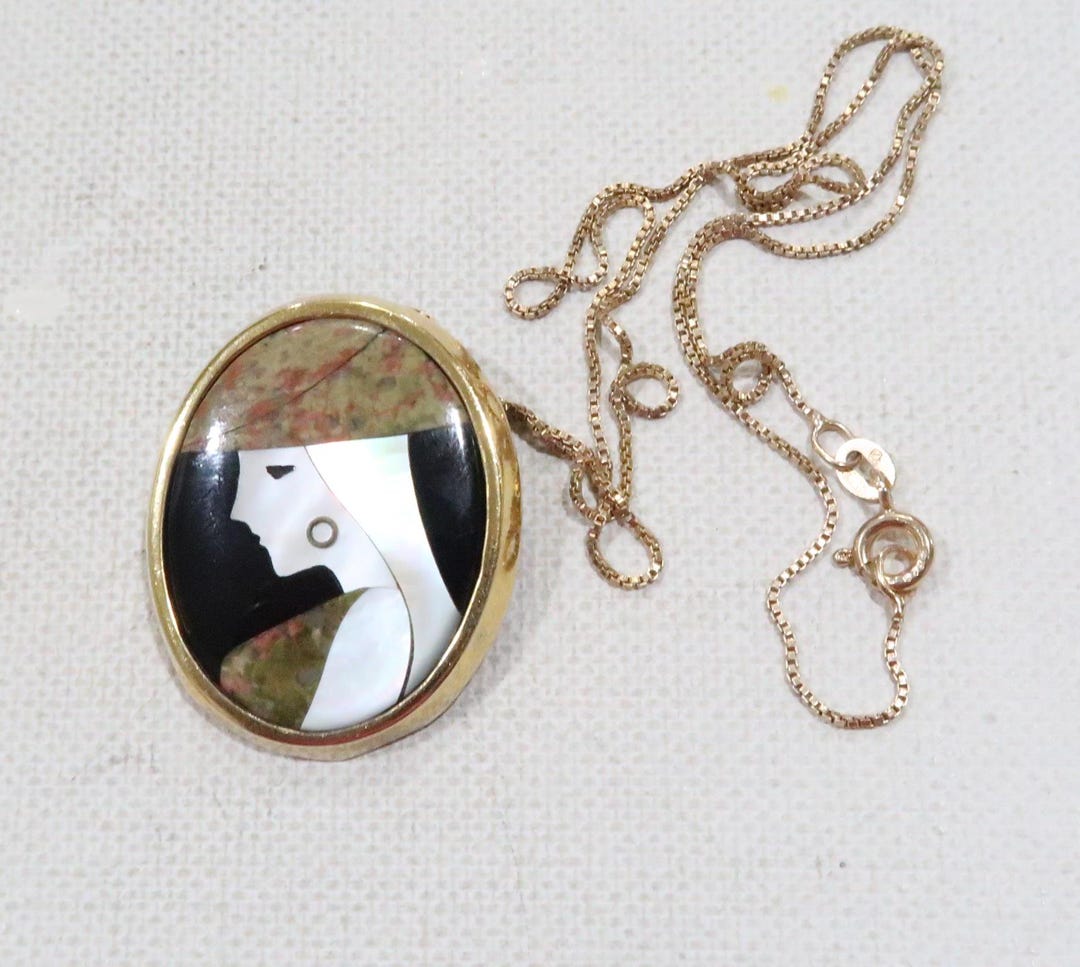 Vintage Unakite, Mother of Pearl, Black Onyx, Abalone Inlay Woman