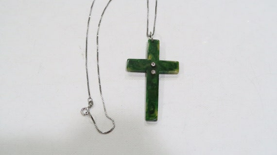 Unique green Bakelite/catalin cross sterling neck… - image 5