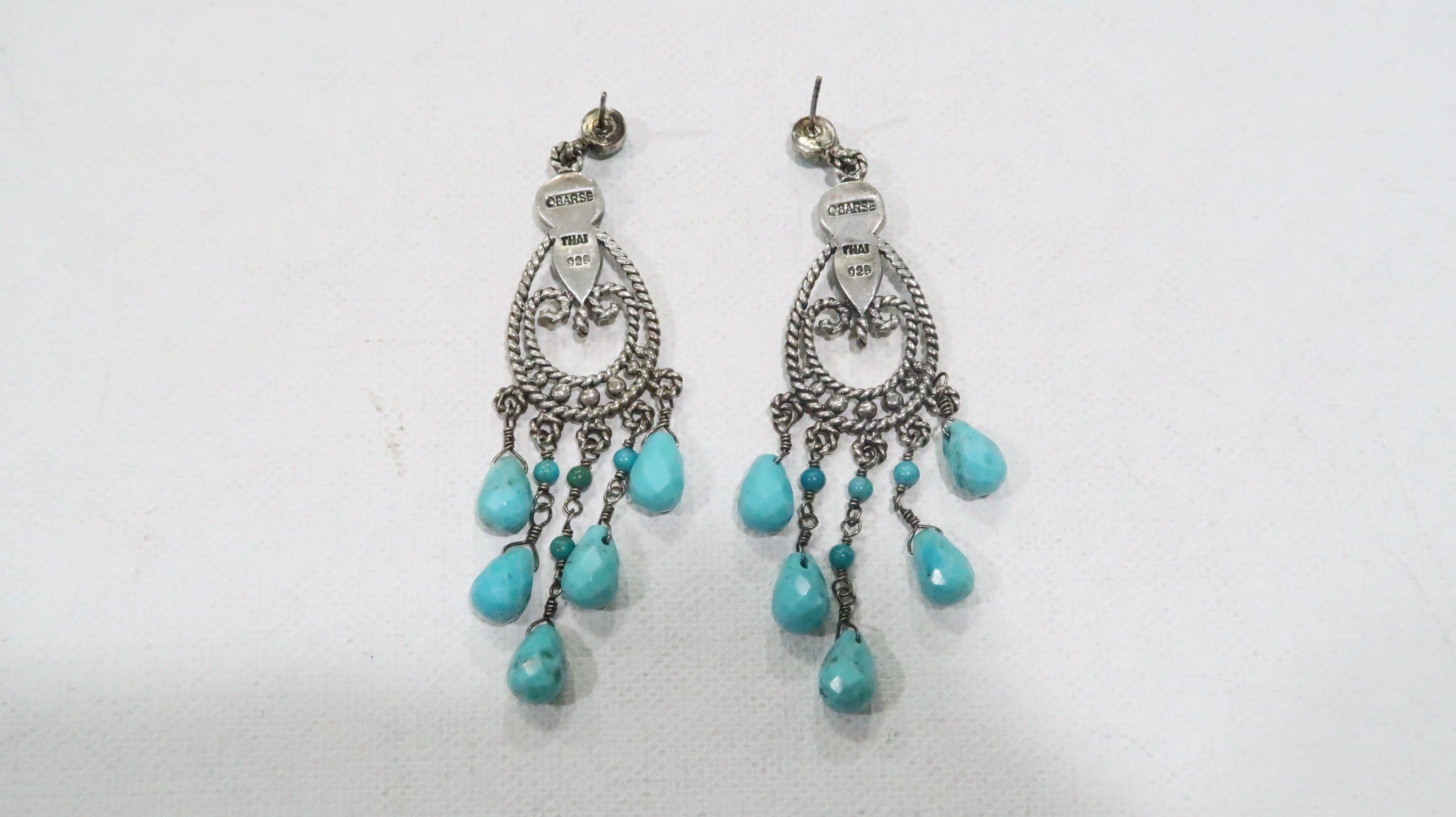 Barse long turquoise sterling Thai dangle earrings