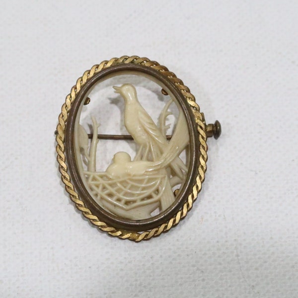 Vintage French Depose pin with bird's nest detail in celluloid