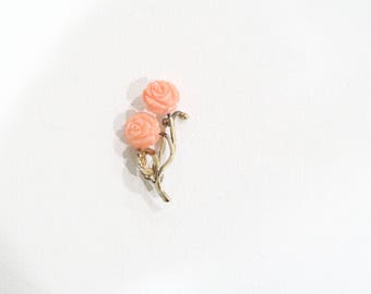 Vintage sterling gold plated coral rose brooch