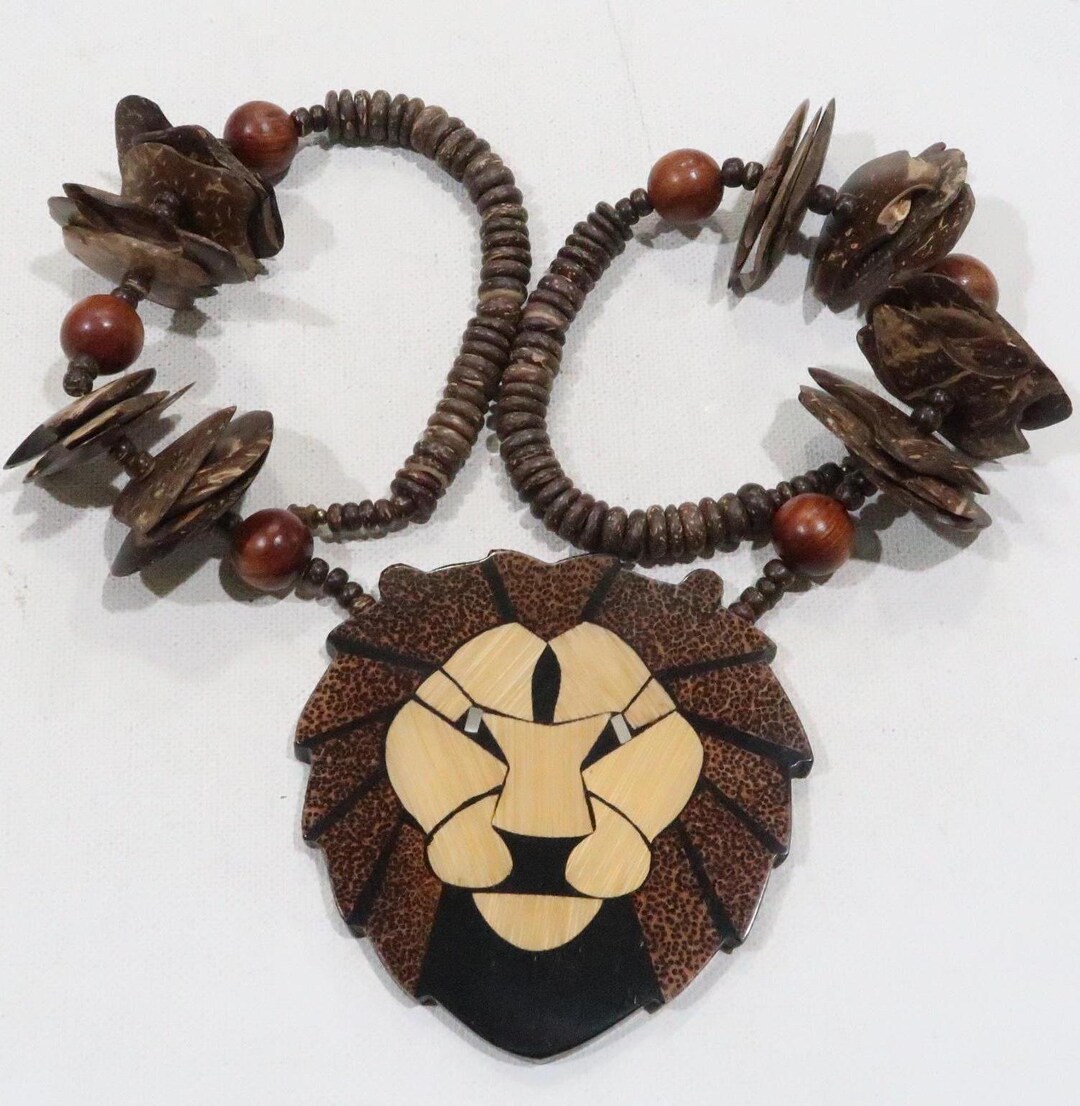 Lion Shell Inlay Vintage Coconut Shell Wood Inlay Large Lion Face Pendant With Wood Bead ...