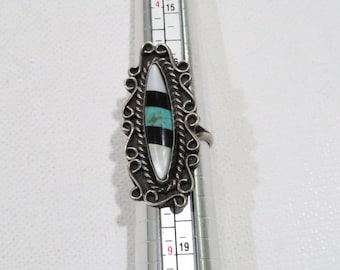 Pierścionek Vintage Zuni Sterling z turkusem, czarnym onyksem i masą perłową